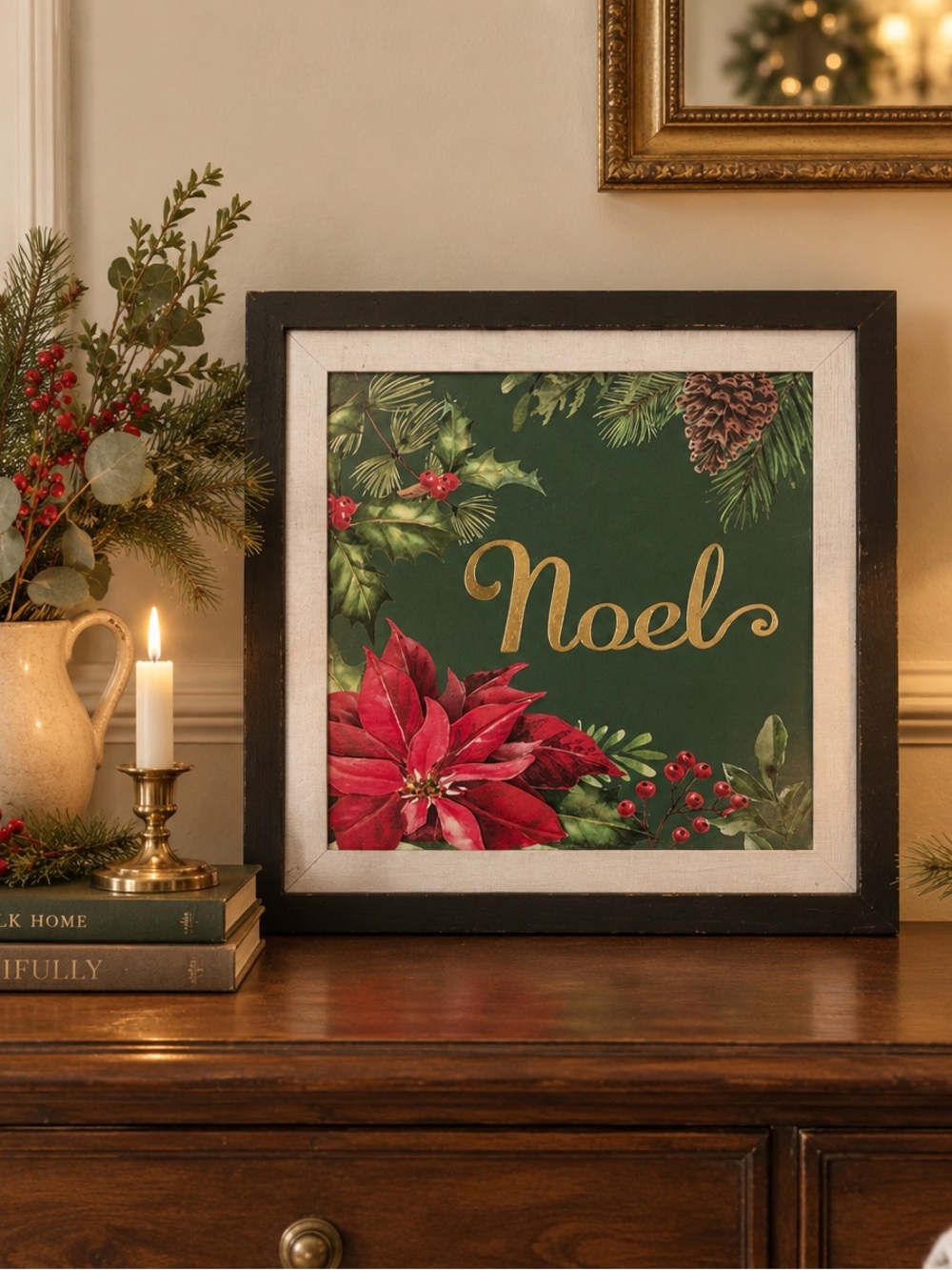 Noel Holiday Wall Art - Red Poinsettia on Green Background 14in